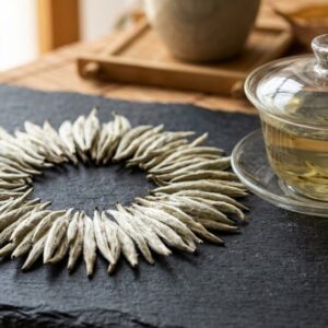 Silver Needle tea buds arranged in a circle on a table alongside a teapot full of brewed Silver Needle tea.